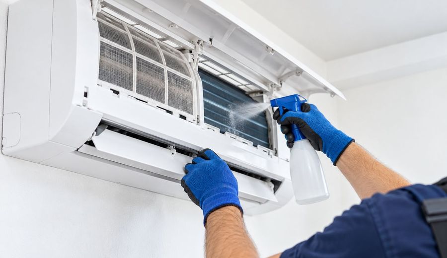 Klímaszerelő beltéri klímát tisztít és karbantart